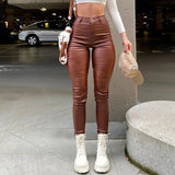 Yipinpay Autumn/Winter New Women's High Waist PU Leather Pants Fashion High Elastic Slim Pencil Pants Female Casual Trousers XS-2XL