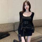 Yipinpay Woman Dress Sexy Mesh Patchwork Long Sleeve Square Collar Slim Stretch Black Elegant Dresses Party Female Stylish