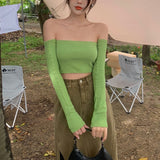 Yipinpay Female Crop Tops Solid Color Boat Neck Blouse Pullover With Long Sleeves For Summer Apricot/Black/White/Green/Purple Casual