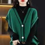 Yipinpay and Winter V-neck Knitted Cardigan Vest Women Contrast Color Loose and Versatile Sleeveless Tank Top Sweetheart Vest