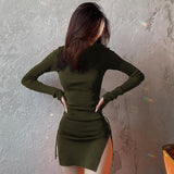 yipinpay Dress Long Sleeve Mini Dress Women Side Slit Drawstring Female Dress Autumn Winter Clothes Streetwear Bodycon Y2K Dress