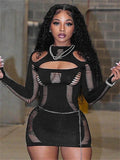 Yipinpay Simenual Rave Y2K Fashion Burn Out Hollow Out Mini Dress Sexy Tights Package Hip Party Dresses Hot Clubwear Women Baddie Outfits