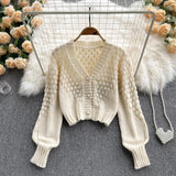 Yipinpay Cardigan Solid Color V Neck Short Sweater Lazy Wild Hollow Out Sweaters for Women Chic Pearl Button Knitted Coat Shirts