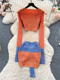 Yipinpay Autumn Patchwork Knitted Two Pieces Sets Long Sleeves Hollow Out Slim Pullover+Mini Skirt Fashion Y2K Sweater Suits