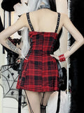 Yipinpay Mall Gothic Red Plaid Dress Women Streetwear Harajuku Emo Alt Lace Patchwork Bandage Corset Dress Y2k Cute Lolita Dress