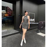 yipinpay Grey Dress Womens Straps Dress Sleeveless Hollow Out Sexy Fashion Y2K Suspender Simple Female Temperament Longuette