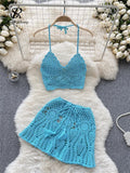 Yipinpay Beach Suits Women Halter Sexy Backless Camisole+Hook Flower Hollow Out Skirt Vacation Hotsweet Knitted Two Pieces Sets
