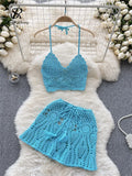 Yipinpay Beach Suits Women Halter Sexy Backless Camisole+Hook Flower Hollow Out Skirt Vacation Hotsweet Knitted Two Pieces Sets