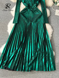 Yipinpay High Quality Spring Party Long Dress V Neck Long Sleeves Zipper Design A Line Pleated Chic Shiny Backless Dress