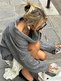 Yipinpay Off-Shoulder Solid Knit Sweater Women Casual Loose Long Sleeve Patchwork Oversized Sweater Slim Fashion Pullover Female