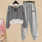 Yipinpay Women's Tracksuit 2024 Fall/Winter New Striped Embroidered Sweater + Cotton Pants Two-piece Korean Casual Hoodies Trousers Suit