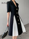 yipinpay Summer Fashion Office Ladies Dresses Notched Buttons Short Sleeve Pleated Knee-Length Dress Women Patchwork Slim Dress