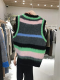 Yipinpay Mujer Korean Autumn Contrast Color O Neck Striped Knitted Vest Sleeveless Sweater Vest Top Retro Pull Y2k Sweater Vest