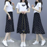 Yipinpay Summer New Short-sleeved T-shirt Chiffon Polka Dot Skirt Two-piece Set Women's All-match White Top Black Midi Skirts Suit