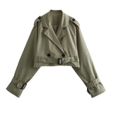 Yipinpay New Women Fashion With Belt Oversized Cropped Trench Coats Vintage Double Button Long Sleeve Ladies Short Khaki Jacket