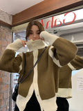 Yipinpay Women's Sweaters 2023 Autumn Contrast Black Turtleneck Crop Cardigan Puff Long Sleeve Grey Knitwear Jacket Lazy Loose