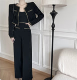 Yipinpay Piece Sets Womens Outifits Small Fragrant Suit Black Tweed Coat Blazer Jacket Wide Leg Pants Sets Winter Vintage Clothing