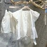 Yipinpay Pleated Flying Sleeve Shirts Women White Ruffles Top Summer Women Blouse Loose Wide Leg Black Shorts Sets 2023 New