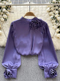 Yipinpay French Senior Satin Loose Shirt Women Elegant Long Sleeve 3D Flower Spring Top Fashion Single Breasted Solid OL Blouse