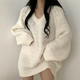 Yipinpay Winter Knitted Sweaters Women Oversized Simple Loose V-neck Pullovers Korean Fashion Solid Jumpers Tops Female Pull Femme