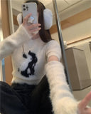 Yipinpay Sleeves Mink Cashmere Y2k Clothes Print Sweater Mujer Long Sleeve Top Bottom Jumper Pullover Cropped Grunge Shirt