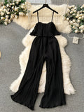 Yipinpay Vacation Loose Jumpsuit Strap Backless Thin Romper Streetwear Women INS One-Piece Outfit Beach Style Striped Bodysuits
