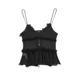 Yipinpay Black Ruffle Tank Top Female Sexy See Through Tops Woman Backless Sleeveless Transparent Top Women Streetwear Summer Tops
