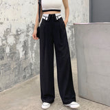 yipinpay Women's Fashion Black Self Cultivation Suit Pants High Waist Straight Mopping Pants Casual Thin Wide Leg Trouser Ladies Spring