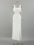 Yipinpay Hollow Out White Dress Women Fashion 2023 Elegant Square Collar Tank Split Dresses Party A-Line Sexy Long Dresses