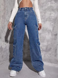 Yipinpay Best Selling Y2K Style Women's Jeans Fashion Multi Pocket Loose Denim Straight Leg Pants Casual Female Cargo Jeans XS-L
