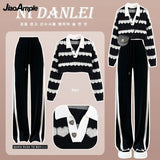 Yipinpay Women's Autumn Winter Suit Korean Elegant Chic Short Knit Sweater Wide Leg Pants Two Piece Female Fashion Sweater Matching Set