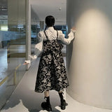 Yipinpay Long Sleeve White Shirt Women Casual Blouse Top + Mid-Length Strap Black Jacquard Dress