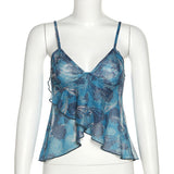 Yipinpay Mesh V Neck Women Camis Ruffled Sexy Backless Crop Tops Blue Burgundy See Through Summer Sleeveless Top Y2K
