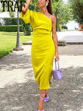 Yipinpay Asymmetrical Long Dress Women Yellow Satin Dress Woman One Shoulder Elegant Party Dresses 2023 Ruched Midi Summer Dresses