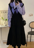 Yipinpay French Vintage Knitting Midi Dress Women Black Loose V-neck Long Sleeve Dress Elegant Office Lady Turn-down Collar Dress