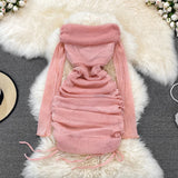 Yipinpay Slim Slash Off Shoulder Women's Long Sleeve Drawstring Pleated Hip Wrap Pink Mesh Dress Mini Party Prom Mini Evening Robe
