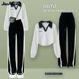 Yipinpay Spring and Autumn New Fashion Short Polo Sweatshirt+Wide Leg Pants Two Piece Women's Sportswear Set Korean Elegant Clothing