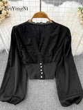 Yipinpay Sexy V-neck Blusas for Women Lace Patchwork Puff Sleeve Crop Tops Female Elastic Waist Casual Korean Blouses Shirts