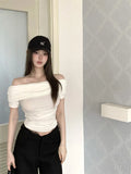Yipinpay Hot Girl Sexy Black Off Shoulder Short-sleeved T-shirt Women's Summer Tight Waist Short Slash Neck Top Female Clothes