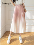 yipinpay Korean High Waist Pleated Skirt Woman Gradient Chic Slim Summer A-line Skirts Girls New Fashion Pink Long Midi Faldas