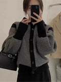 Yipinpay Women's Sweaters 2023 Autumn Contrast Black Turtleneck Crop Cardigan Puff Long Sleeve Grey Knitwear Jacket Lazy Loose