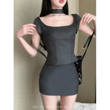 Yipinpay Girl Preppy Style Suit Women's Square Collar Slim Fit Short-sleeved Top High Waist Mini Skirt Two-piece Set Female Clothes