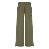 Yipinpay Women's Pocket Casual Pant Vintage Fashion Self Cultivation Low Rise Waist Straight Drawstring Trouser Simple Casual Cargo Pants