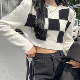 Yipinpay Women Color Block Sweaters Crop Tops Fall Winter y2k Clothes Adults Plaid Pattern Long Sleeve Round Neck Tops