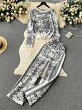 Yipinpay Winter Print Sweater Two Pieces Suits Loose Warm Pullovers+Wide Legs Long Pants Streetwear Vintage Casual Knitted Sets