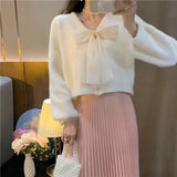 Yipinpay Elegant Cardigan Women Bow Bandage V Neck Autumn Single Breasted Sweet Cropped Sweater Outwear Loose Ladies