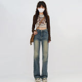 Yipinpay Retro Blue Washed Bootcut Jeans For Women Y2k Fashion High Waisted Wide Leg Pants Female Bottoms Cotton Denim Trousers