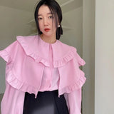 Yipinpay Sweet Pink Shirt Women Loose Long Sleeve Solid Ruffles Lapel Spring New Korean Chic Ladies Tops Elegant Fashion Blouses