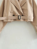 Yipinpay New Women Fashion With Belt Oversized Cropped Trench Coats Vintage Double Button Long Sleeve Ladies Short Khaki Jacket