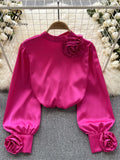 Yipinpay French Senior Satin Loose Shirt Women Elegant Long Sleeve 3D Flower Spring Top Fashion Single Breasted Solid OL Blouse